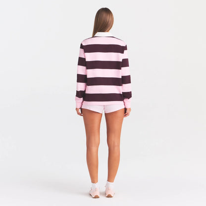 BOYFRIEND FLEECE OVERSIZED POLO | CURRANT RUGBY STRIPE