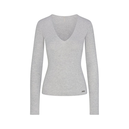 ESSENTIAL KNIT LONG SLEEVE V NECK | MID HEATHER GREY