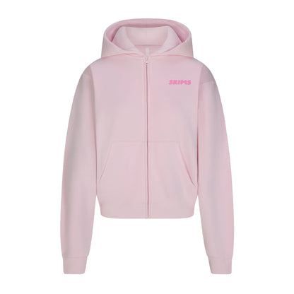 COTTON FLEECE ZIP UP HOODIE WITH EMBOSSED LOGO | CHERRY BLOSSOM
