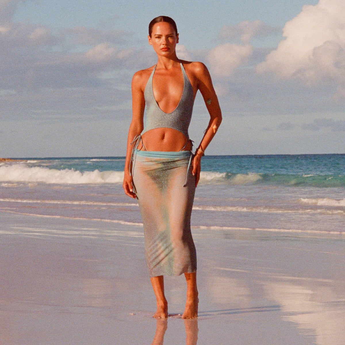 MESH COVER-UPS MIDI SKIRT | CYAN FK BODY PRINT