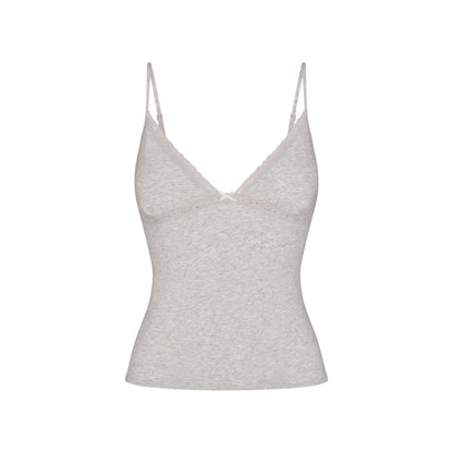 LIGHTWEIGHT COTTON LACE CAMI AND BOY SHORT SET | LIGHT HEATHER GREY
