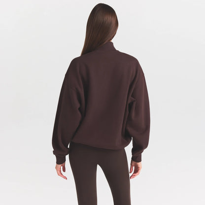 COTTON FLEECE MOCK NECK QUARTER ZIP WITH EMBOSSED LOGO | ESPRESSO