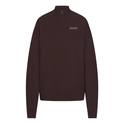 COTTON FLEECE MOCK NECK QUARTER ZIP WITH EMBOSSED LOGO | ESPRESSO