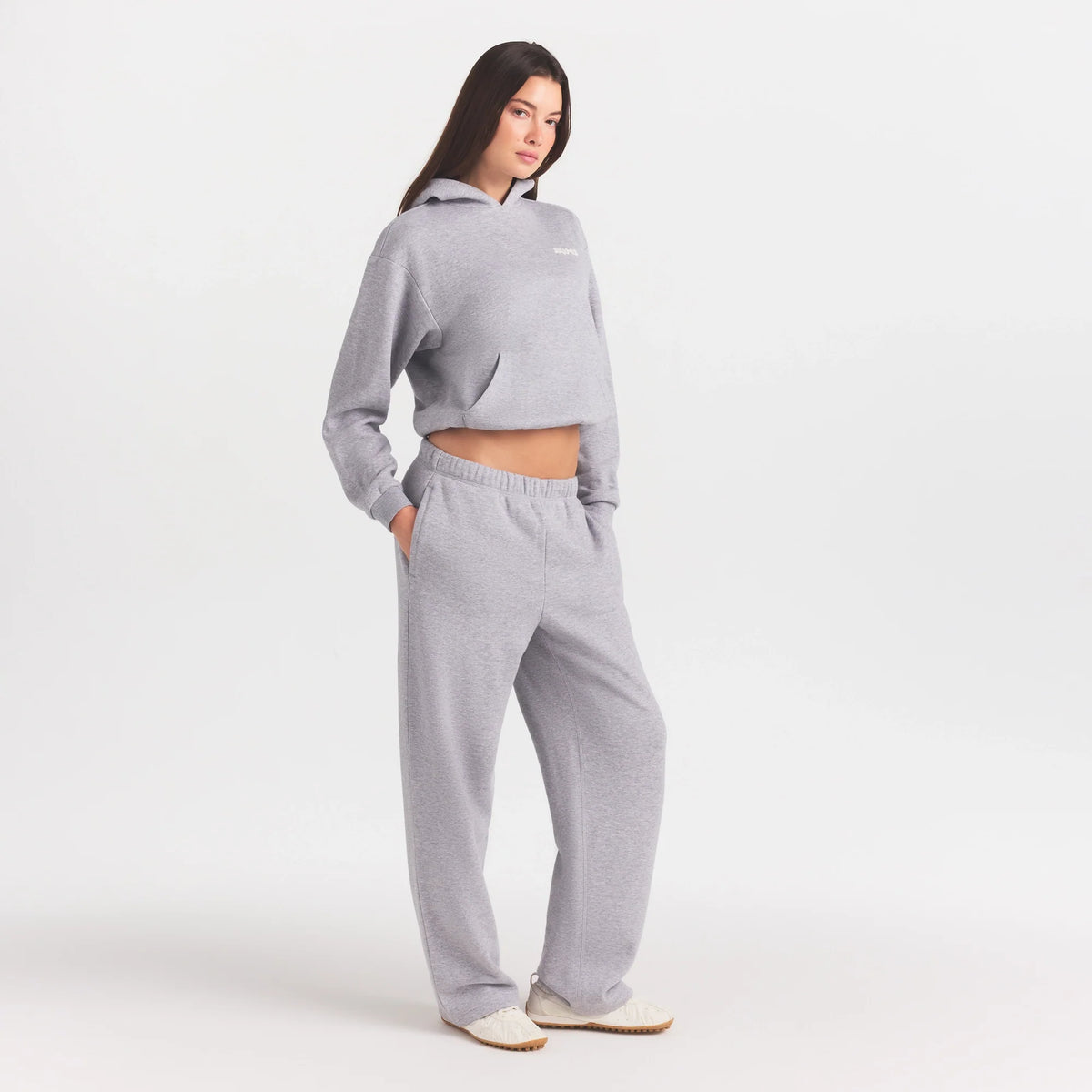 COTTON FLEECE HOODIE WITH EMBOSSED LOGO | HEATHER GREY
