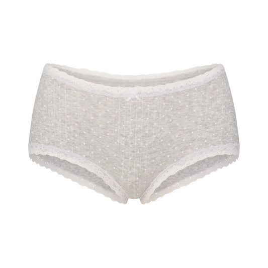 LIGHTWEIGHT COTTON POINTELLE LACE BOY SHORT | LIGHT HEATHER GREY PIN DOT