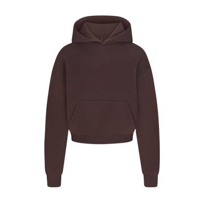 COTTON FLEECE CROPPED HOODIE WITH EMBOSSED LOGO | ESPRESSO