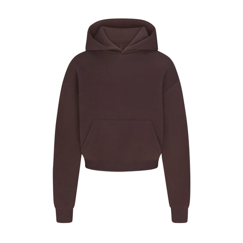 COTTON FLEECE CROPPED HOODIE WITH EMBOSSED LOGO | ESPRESSO
