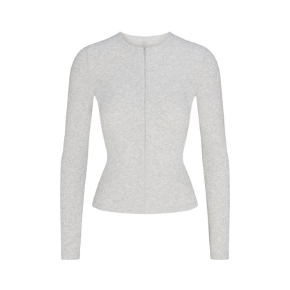COTTON RIB ZIP UP TOP | LIGHT HEATHER GREY