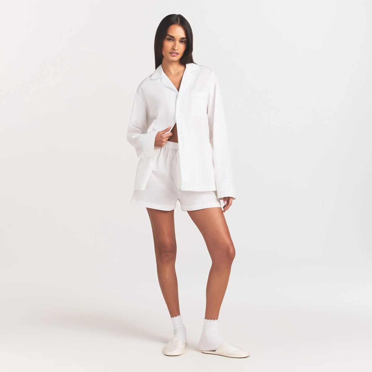 COTTON POPLIN SLEEP LONG SLEEVE AND BOXER SET | SNOW CONTRAST