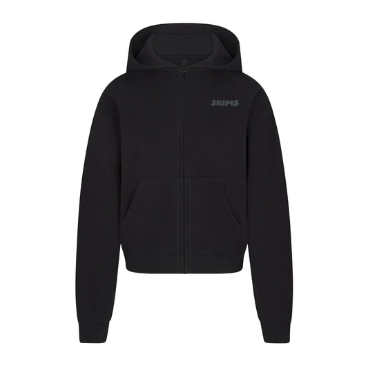COTTON FLEECE ZIP UP HOODIE WITH EMBOSSED LOGO | ONYX