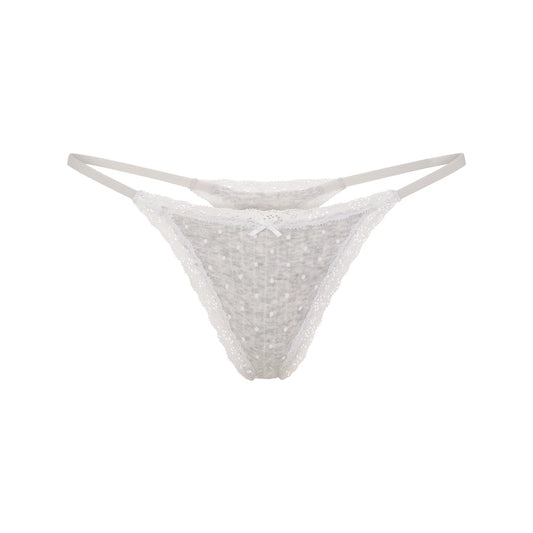 LIGHTWEIGHT COTTON POINTELLE LACE STRING THONG | LIGHT HEATHER GREY PIN DOT