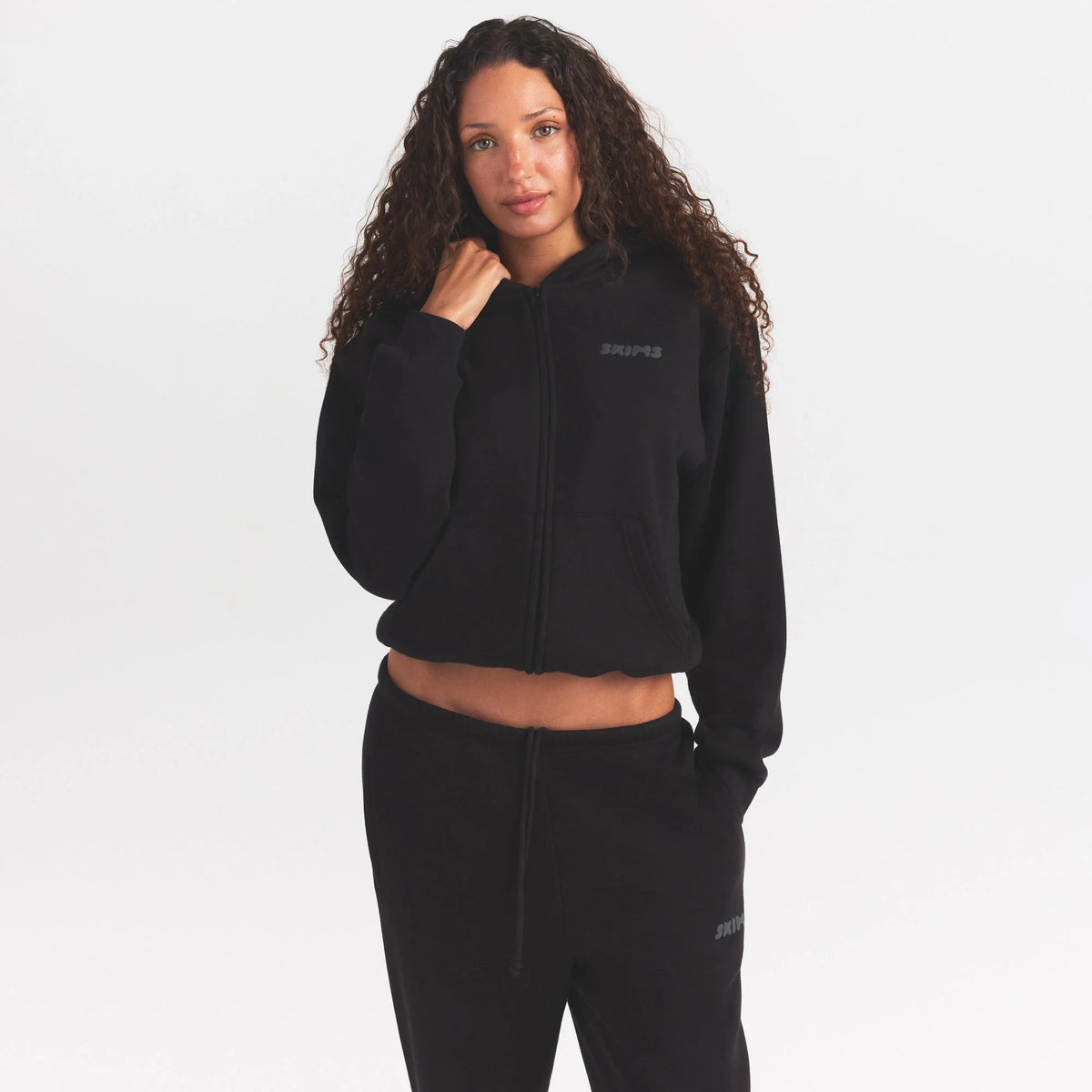 COTTON FLEECE ZIP UP HOODIE WITH EMBOSSED LOGO | ONYX