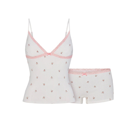 LIGHTWEIGHT COTTON POINTELLE LACE CAMI AND BOY SHORT SET | SNOW MICRO DOT FLORAL