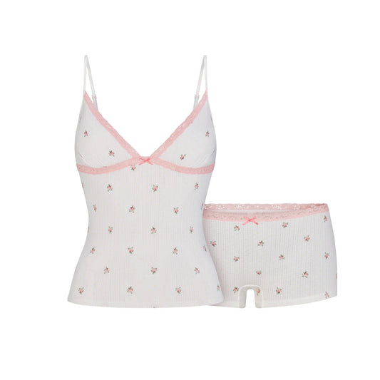 LIGHTWEIGHT COTTON POINTELLE LACE CAMI AND BOY SHORT SET | SNOW MICRO DOT FLORAL