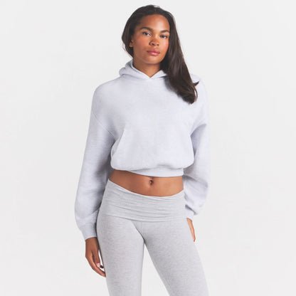 COTTON FLEECE CROPPED HOODIE WITH EMBOSSED LOGO | LIGHT HEATHER GREY