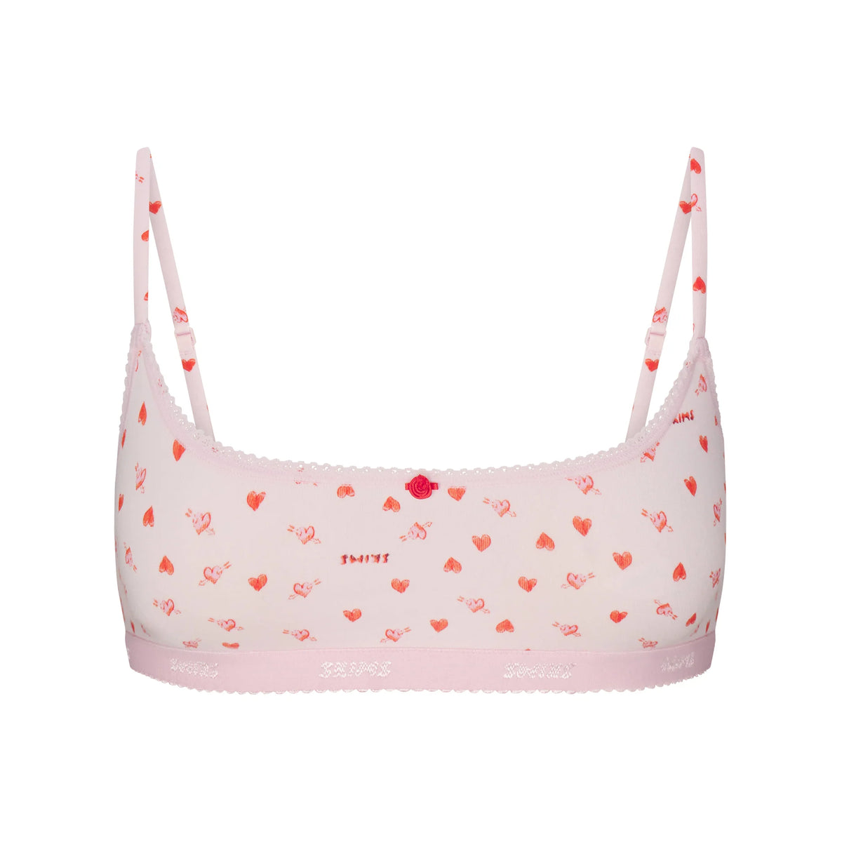 LIGHTWEIGHT COTTON LOGO PICOT SCOOP BRALETTE | BABY PINK ARROWED HEARTS
