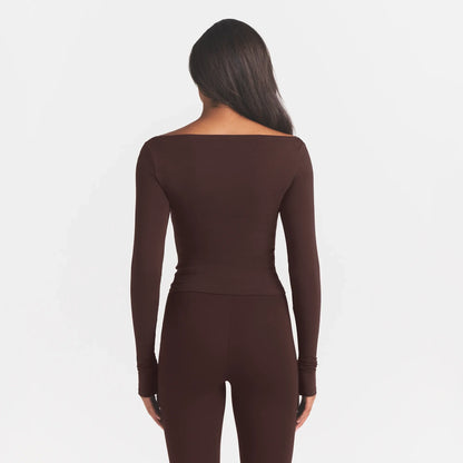 COTTON JERSEY LONG SLEEVE BOATNECK TOP | ESPRESSO