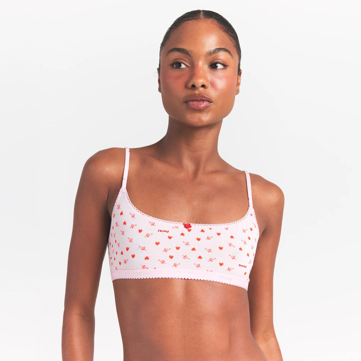 LIGHTWEIGHT COTTON LOGO PICOT SCOOP BRALETTE | BABY PINK ARROWED HEARTS