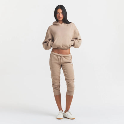 COTTON FLEECE CROPPED HOODIE WITH EMBOSSED LOGO | LATTE