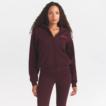 COTTON FLEECE ZIP UP HOODIE WITH EMBOSSED LOGO | CURRANT