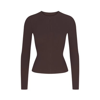 COTTON RIB ZIP UP TOP | ESPRESSO