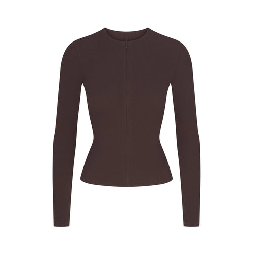 COTTON RIB ZIP UP TOP | ESPRESSO