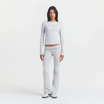 COTTON JERSEY LONG SLEEVE BOATNECK TOP | LIGHT HEATHER GREY