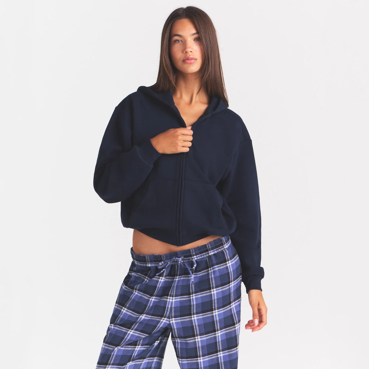 COTTON FLEECE ZIP UP HOODIE | NAVY