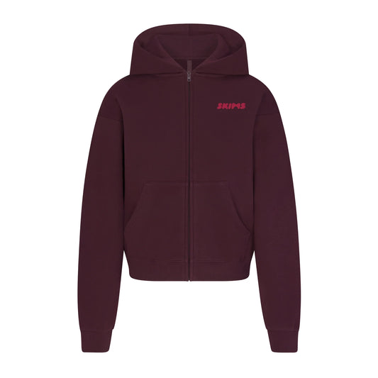 COTTON FLEECE ZIP UP HOODIE WITH EMBOSSED LOGO | CURRANT