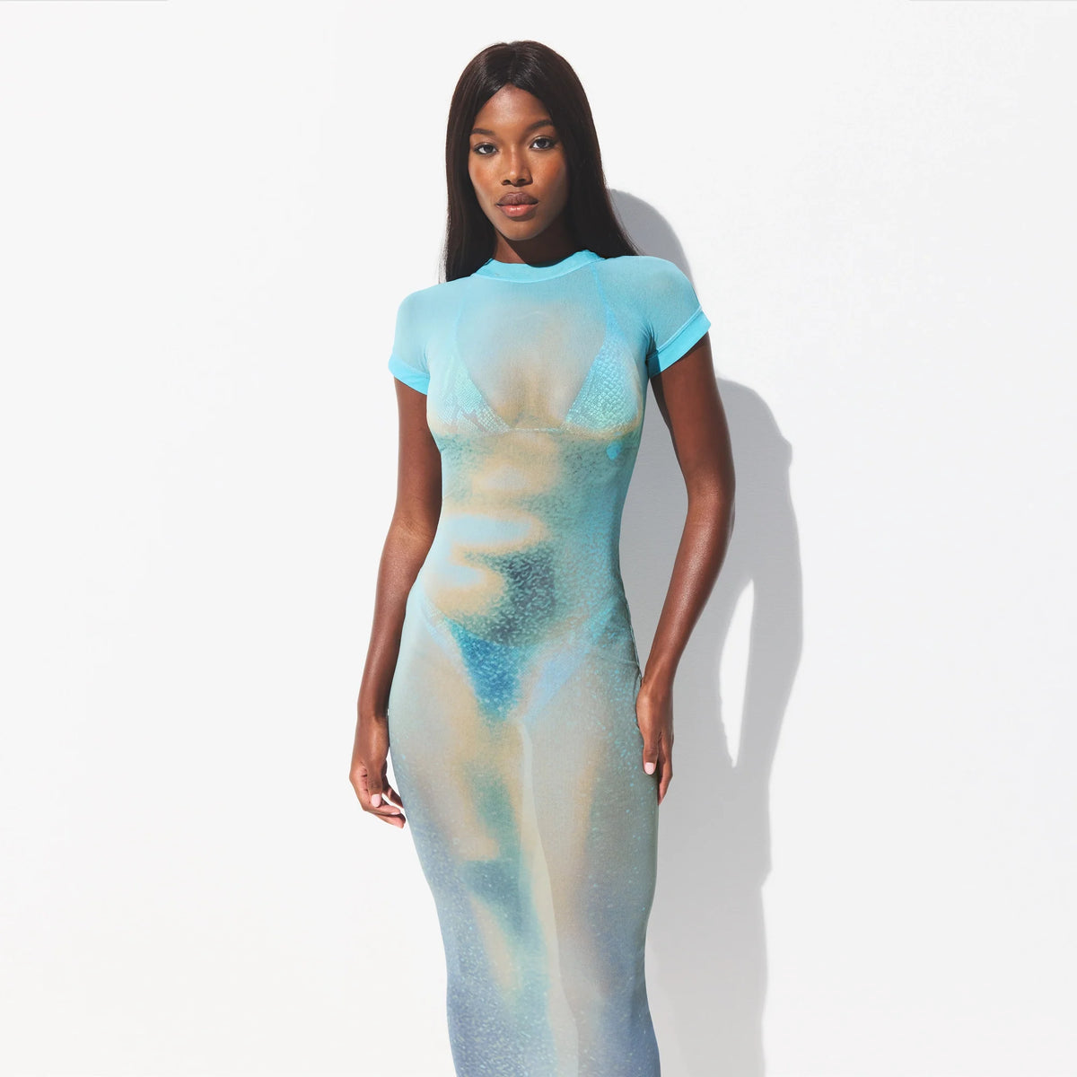 MESH COVER-UPS LONG DRESS | CYAN FK BODY PRINT