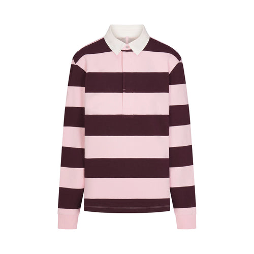 BOYFRIEND FLEECE OVERSIZED POLO | CURRANT RUGBY STRIPE