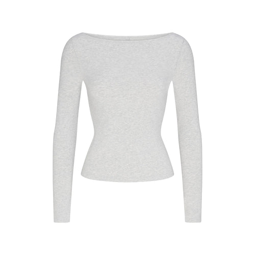 COTTON JERSEY LONG SLEEVE BOATNECK TOP | LIGHT HEATHER GREY