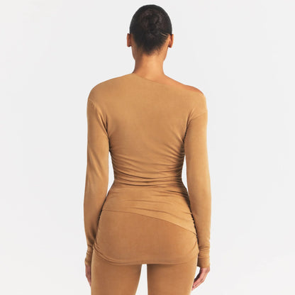 CUPRO JERSEY ASYMMETRICAL TOP | ALMOND