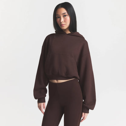 COTTON FLEECE CROPPED HOODIE WITH EMBOSSED LOGO | ESPRESSO