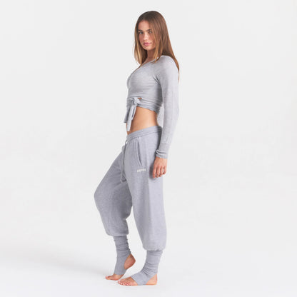 COTTON FLEECE SWEATPANT WITH RIB LEG WARMER WITH EMBOSSED LOGO | HEATHER GREY