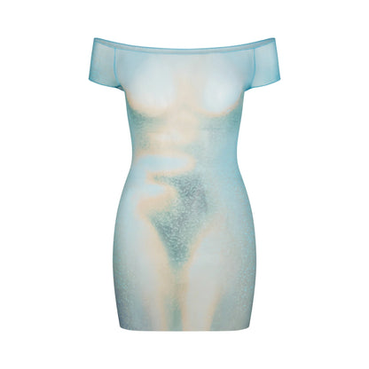 MESH COVER-UPS MINI DRESS | CYAN FK BODY PRINT