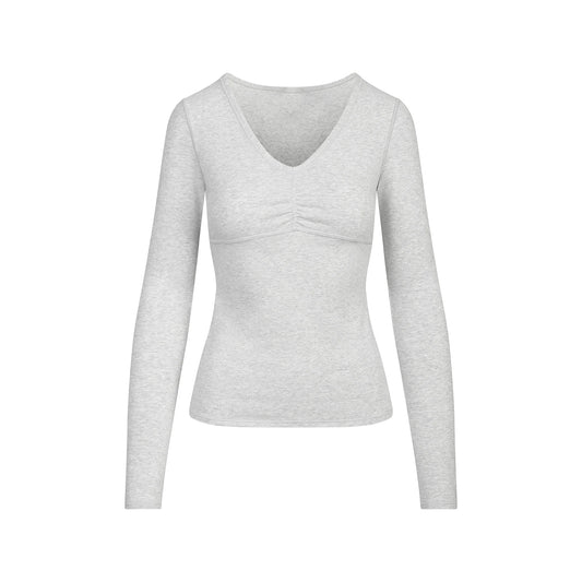 COTTON JERSEY SHIRRED BUST LONG SLEEVE | LIGHT HEATHER GREY